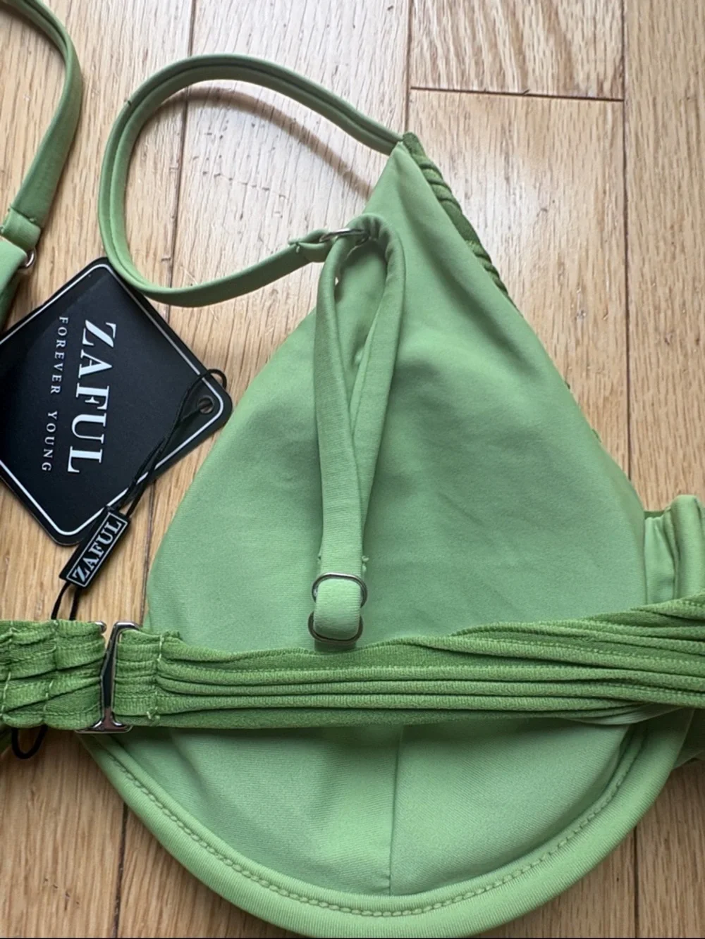 Zaful bikini Ribbed Underwire Set tie bottoms adjustable straps green